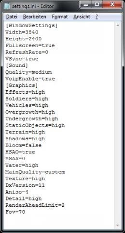 Die 'settings.ini' listet alle Optionen