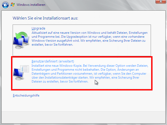 Windows Server 2008 R2 - Benutzerdefinierte Installation