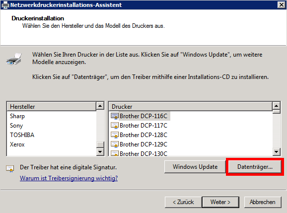 Windows Server 2008 R2 - Treiber auswählen