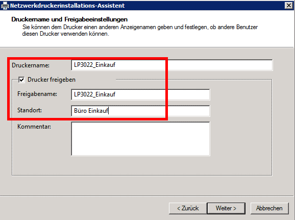Windows Server 2008 R2 - Druckername und Standort