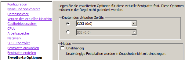 Virtuelle Festplatte - Erweiterte Optionen