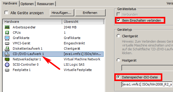 VMWare CD Laufwerk connecten
