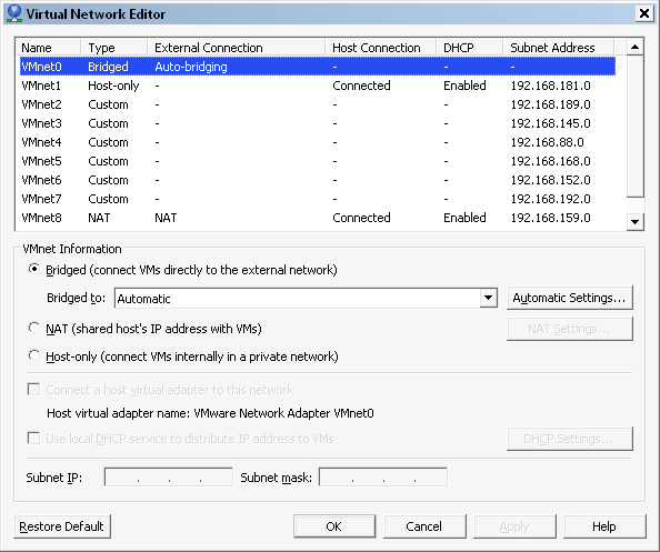 VMWare - Virtual network editor