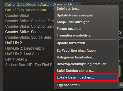 Steam - CoD: Modern Warfare 3 - Lokale Dateien löschen