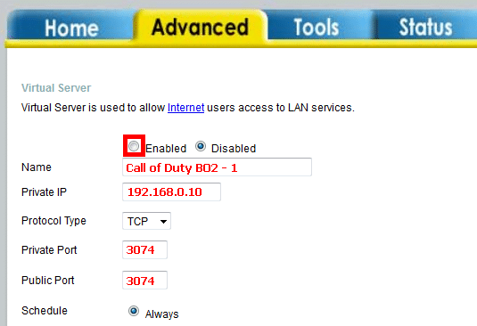 D-Link DI524 Portforwarding - Virtual Server