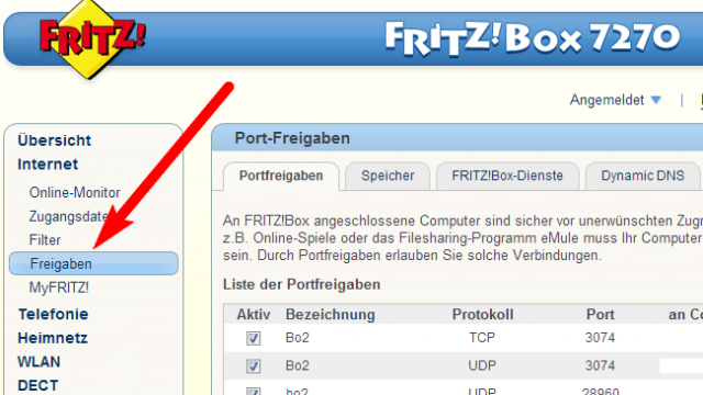 Fritz!Box 7270 – Ports freigeben / Portforwarding
