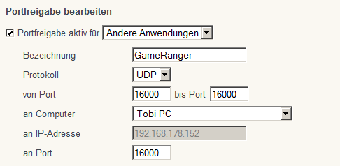 GameRanger Ports FritzBox