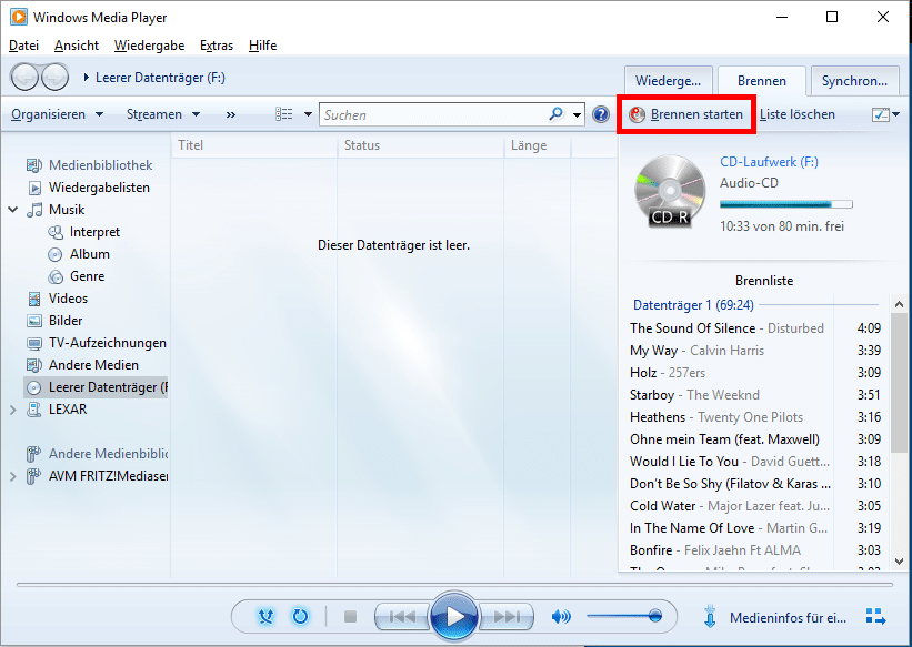 verbringen Schrägstrich Infizieren mp3 auf cd brennen windows 7 Andere