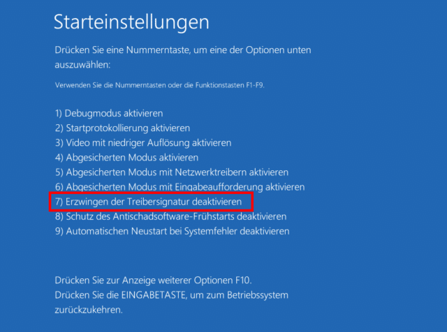 Windows 10 – Erzwingen der Treibersignatur deaktivieren